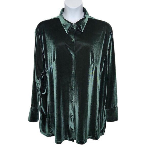 Stephanie Andrews Velvet Button Down Shirt Womens XXL 2XL Green Top Holiday N10X - Picture 1 of 4